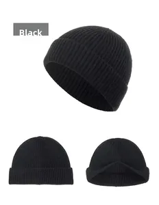 Detailed views of black ribbed knit beanie showing texture and inner crown structure