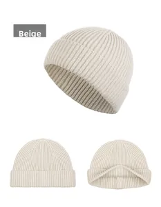 Detail view showing beige knit beanie texture and ribbed pattern from multiple angles