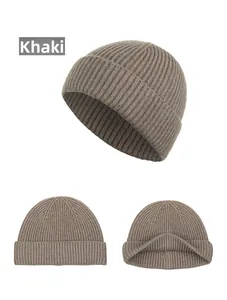 Detailed views of khaki knit beanie showing ribbed texture and folded cuff design