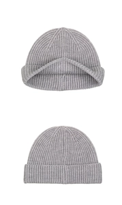 Detail view of grey knit beanie featuring vertical ribbed texture and double folded hem