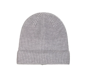 Detail of grey ribbed knit beanie showing coarse stitch texture and folded cuff design