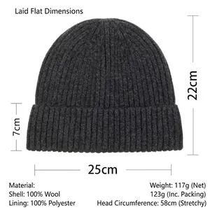 Men's dark gray wool knit beanie with thick fleece lining for winter outdoor warmth