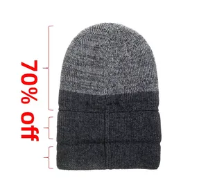 Detailed view of grey knitted beanie featuring triple fold design and ribbed texture