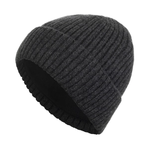 Thick charcoal grey ribbed knit beanie with warm fleece lining for winter cycling