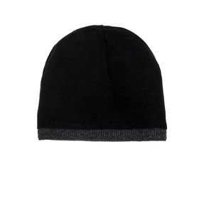 Close-up of black knitted beanie featuring gray ribbed cuff and thick thermal wool texture