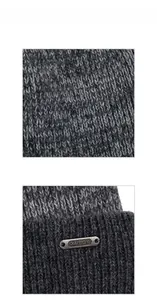Detail of grey knitted wool beanie featuring vertical rib texture and XHBOY metal plate