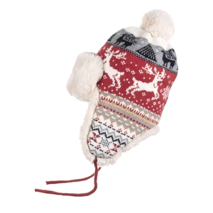Wintermuts met rendier jacquard patroon, pluche oorkleppen en witte pompon voor de kou