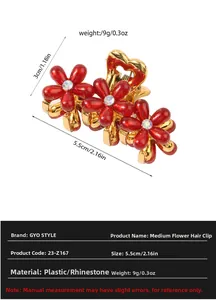 Dettaglio della pinza per capelli con fiori rossi, strass e dimensioni esatte