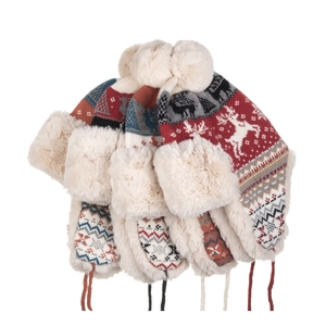 Winter gebreide muts met rendier jacquard patroon en warme voering van imitatiebont