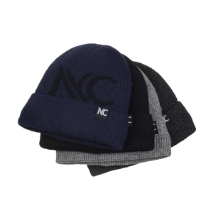 Men's winter knit beanie with NC jacquard pattern in black, navy, and grey colors