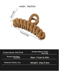 Detail view of 11cm brown chain hair claw clip showing precise product dimensions and size