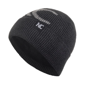 Deep grey winter knit beanie for men with thick fleece lining and NC logo patch