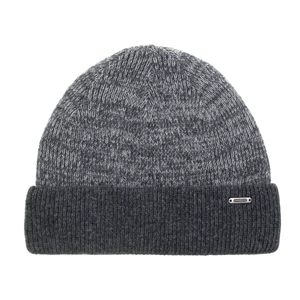 Winter knitted wool beanie with two-tone grey design and metallic logo plate