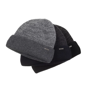 Three-pack knitted wool beanies in black and grey with silver brand metal tags