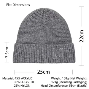 Bonnet en tricot gris pour homme avec broderie lettre M et doublure polaire chaude