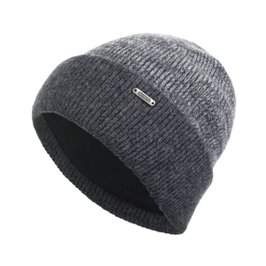 Winter dual-tone knit wool beanie for men with warm fleece lining and metal logo