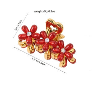 Pinza per capelli a fiori rossi fatta a mano con strass e base in metallo dorato