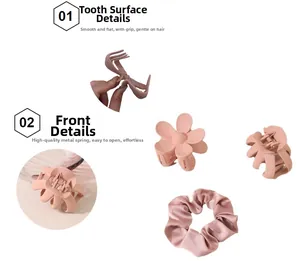 Detailed views of pink hair claw clips and silk scrunchie with focus on teeth and front design