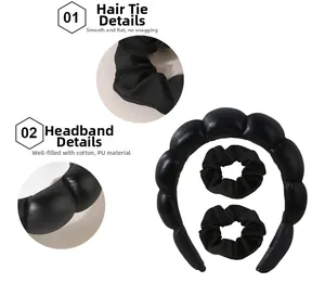 Dettaglio del cerchietto imbottito in PU nero e due elastici scrunchies coordinati