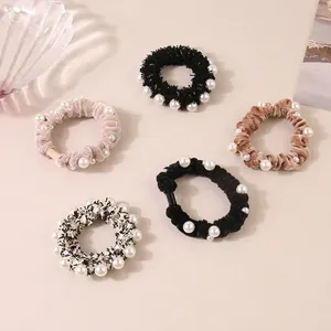 Elegant French Vintage Velvet Tweed Scrunchies With Imitation Artificial Pearl Hair Ties For Women Ponytail Holder Hair Accessories