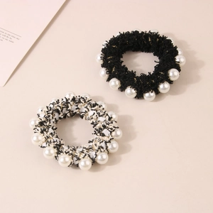 French retro velvet and tweed hair scrunchies with white pearls and gold thread