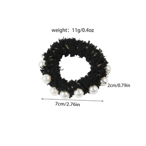 Elegant black velvet hair scrunchie with white pearls, diameter 7cm and 11g weight
