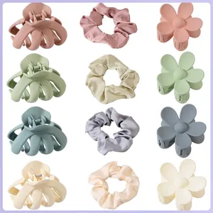 Women Matte Plastic Hair Claw Clips And Satin Fabric Scrunchies Morandi Colors Flower Octopus Style Hair Styling Accessories