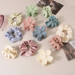 Pastel fabric hair scrunchies and matte floral claw clips set for women hair styling