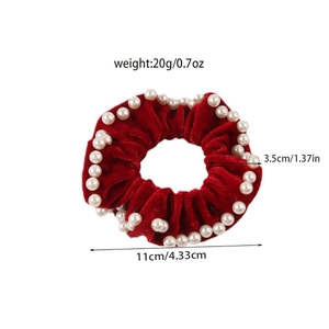 Elastico per capelli in velluto rosso con perle sintetiche bianche, diametro 11 cm