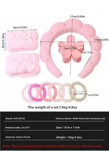 Detailed size chart for spa headband, wristbands, hair claw and scrunchies set