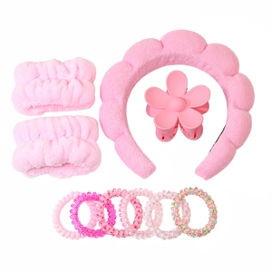 Women Spa Headband Wristband Set Soft Fabric Cloud Padded Skincare Headband Face Wash Wristbands Flower Hair Claw Clip Set