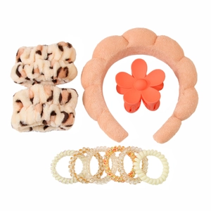 10-piece spa set with orange padded headband, floral claw clip, and floral hair ties