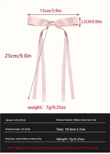 Pink ribbon bow hair clip detail with dimensions 15cm width and 23cm long streamers
