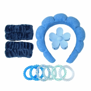 Blue 10-piece spa headband set including sponge hairband, wristbands and floral claw clip