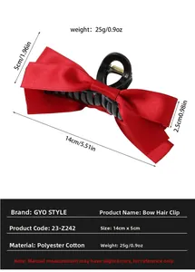 Detailed size specifications of large red satin bow hair claw clip measuring 14cm by 5cm