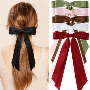 Sweet Double Layer Bowknot Hair Clip With Long Streamer Satin Finish Polyester Duckbill Clip For Women Elegant Hair Accessories