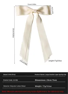 Barrette à cheveux double nœud crème avec dimensions et mécanisme de clip à ressort