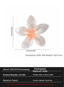Detail view of pearlescent flower hair clip with 6.5cm diameter and plastic texture