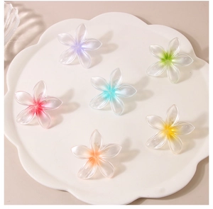 Detailed view of colorful translucent matte flower hair clips on a white ceramic plate