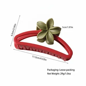 Red crescent matte hair claw clip with olive green flower decoration for thick hair