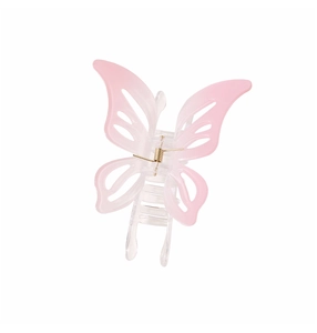 Détail d'une pince à cheveux papillon rose dégradé avec ressort en métal doré