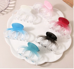 Detailed macro view of six gradient color large hair claw clips in a white floral tray
