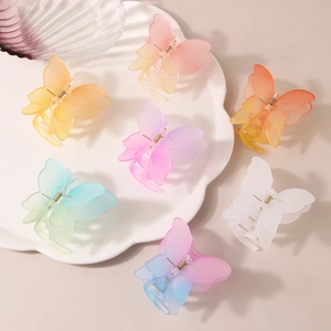 Vue détaillée de sept pinces à cheveux papillon dégradées colorées dans une assiette décorative