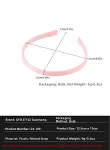 Size chart showing 1cm wide pink grosgrain ribbon headband with non-slip inner teeth
