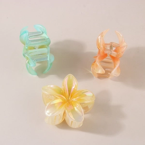 Three-piece colorful plumeria flower hair claws with iridescent finish for women