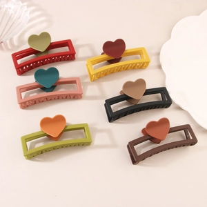 Set of 6 matte rectangular hair claws with heart patterns in Morandi color tones
