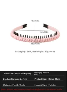 Detailed size specifications for pink braided headband with inner plastic teeth
