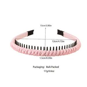 Pink woven non-slip headband for women with internal black plastic comb teeth design