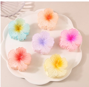 Detailed set of six gradient resin flower hair claws in pastel colors on a tray
