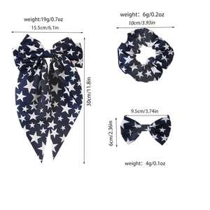 Detailed size specifications for navy blue star hair bow set with clips and scrunchie